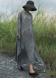 Fitted Grey Button Asymmetrical Cotton Dress Long Sleeve