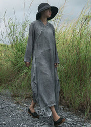 Fitted Grey Button Asymmetrical Cotton Dress Long Sleeve