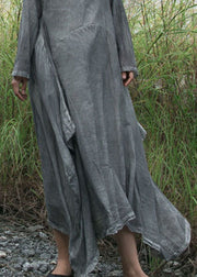 Fitted Grey Button Asymmetrical Cotton Dress Long Sleeve