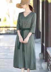 Fitted Grey Tie Waist Embroideried Wrinkled Cotton Vacation Dresses Three Quarter sleeve