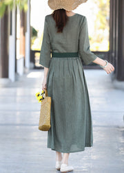 Fitted Grey Tie Waist Embroideried Wrinkled Cotton Vacation Dresses Three Quarter sleeve