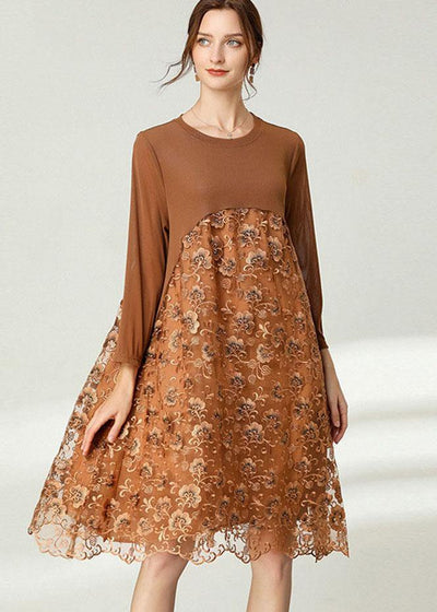 Fitted Khaki Tulle Jacquard Hollow Out Fall Long Sleeve Maxi Dress - bagstylebliss