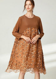 Fitted Khaki Tulle Jacquard Hollow Out Fall Long Sleeve Maxi Dress - bagstylebliss