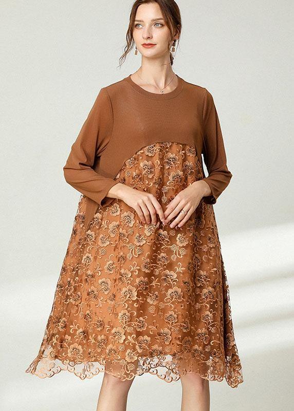 Fitted Khaki Tulle Jacquard Hollow Out Fall Long Sleeve Maxi Dress - bagstylebliss