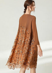 Fitted Khaki Tulle Jacquard Hollow Out Fall Long Sleeve Maxi Dress - bagstylebliss