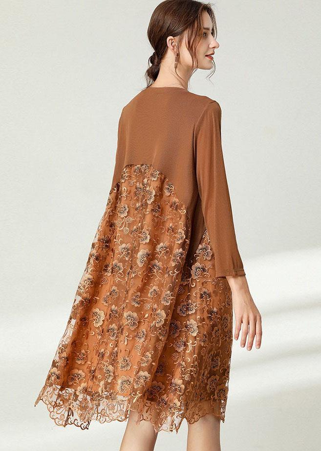 Fitted Khaki Tulle Jacquard Hollow Out Fall Long Sleeve Maxi Dress - bagstylebliss