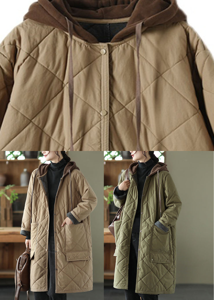 Fitted Khaki Zippered Plaid Patchwork Hooded Parka Winter