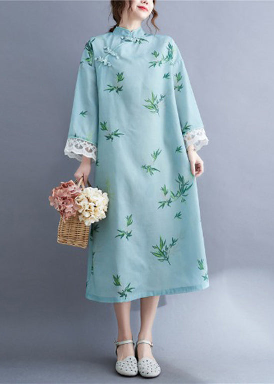 Fitted Light Green Mandarin Collar Print Lace Patchwork Cheongsam Dresses Long Sleeve