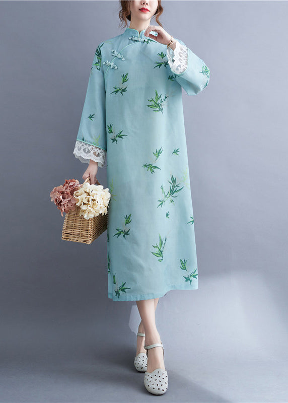 Fitted Light Green Mandarin Collar Print Lace Patchwork Cheongsam Dresses Long Sleeve