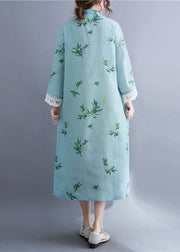 Fitted Light Green Mandarin Collar Print Lace Patchwork Cheongsam Dresses Long Sleeve