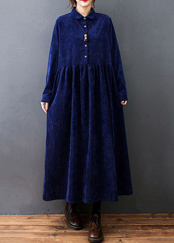 Fitted Navy Blue Peter Pan Collar Patchwork Corduroy Maxi Dresses Fall