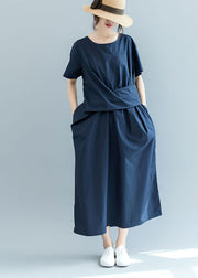 Fitted Navy Cinched wrinkled Cotton Dress Short Sleeve