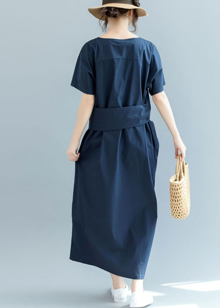 Fitted Navy Cinched wrinkled Cotton Dress Short Sleeve