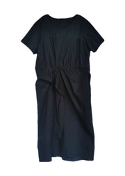 Fitted Navy Cinched wrinkled Cotton Dress Short Sleeve