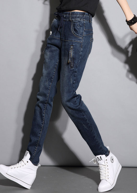 Eng anliegende, marineblaue, elastische Taille mit Kordelzug, Taschen mit Reißverschluss, schmeichelnde Baumwoll-Jeans, Frühling