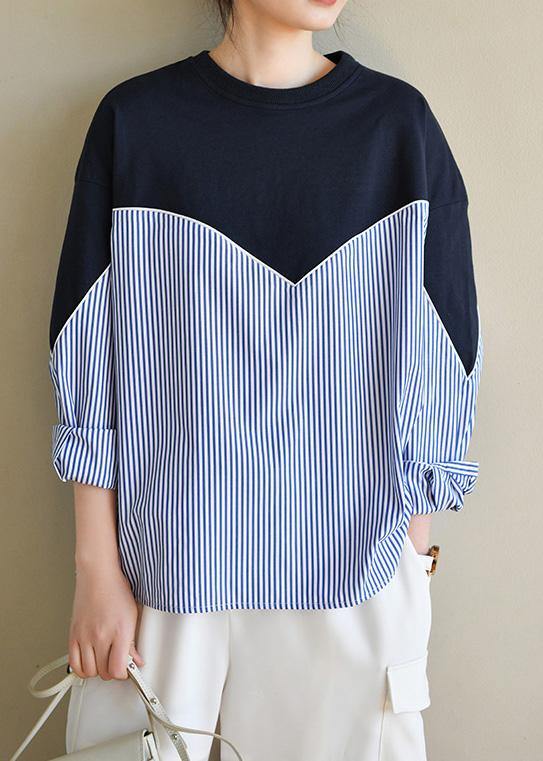 Fitted Navy Patchwork Striped Long sleeve Spring Blouses - bagstylebliss