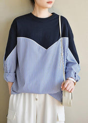 Fitted Navy Patchwork Striped Long sleeve Spring Blouses - bagstylebliss