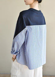 Fitted Navy Patchwork Striped Long sleeve Spring Blouses - bagstylebliss