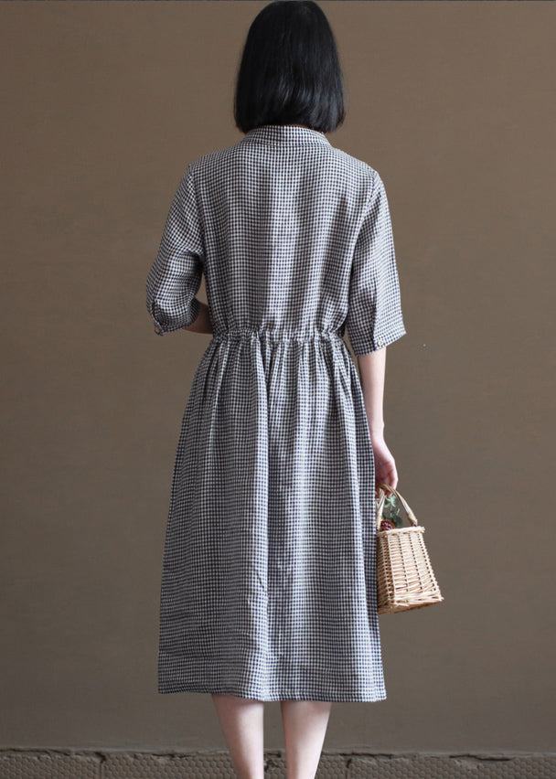 Fitted Navy Peter Pan Collar Cinched Plaid Linen Dresses Half Sleeve