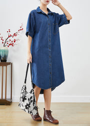 Fitted Navy Peter Pan Collar Slim Fit Denim Long Dresses Summer