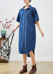 Fitted Navy Peter Pan Collar Slim Fit Denim Long Dresses Summer