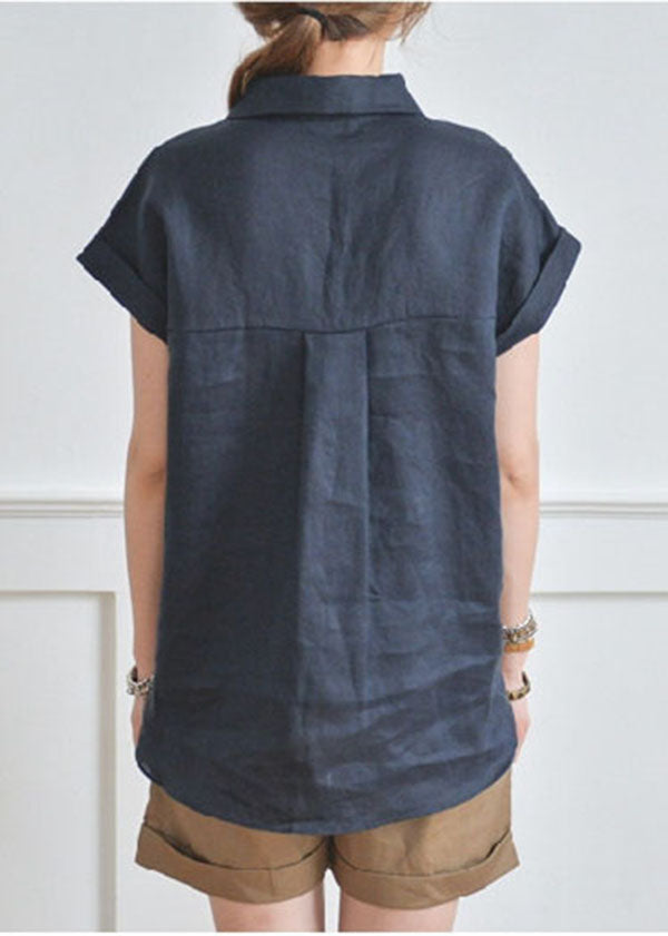 Fitted Navy V Neck Low High Design Linen Shirt Top Short Sleeve