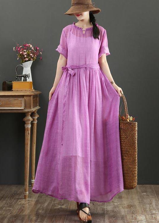 Fitted Pink Purple Bow O-Neck Summer Linen Dress - bagstylebliss