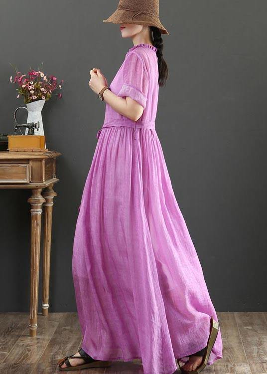 Fitted Pink Purple Bow O-Neck Summer Linen Dress - bagstylebliss