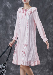 Fitted Pink Ruffled Patchwork Bow Cotton Long Dress Spring