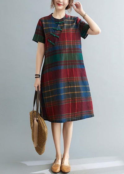 Fitted Plaid Oriental Cotton Linen Summer Dress - bagstylebliss