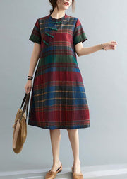 Fitted Plaid Oriental Cotton Linen Summer Dress - bagstylebliss