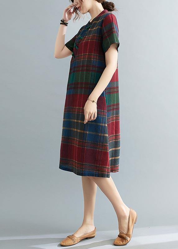 Fitted Plaid Oriental Cotton Linen Summer Dress - bagstylebliss