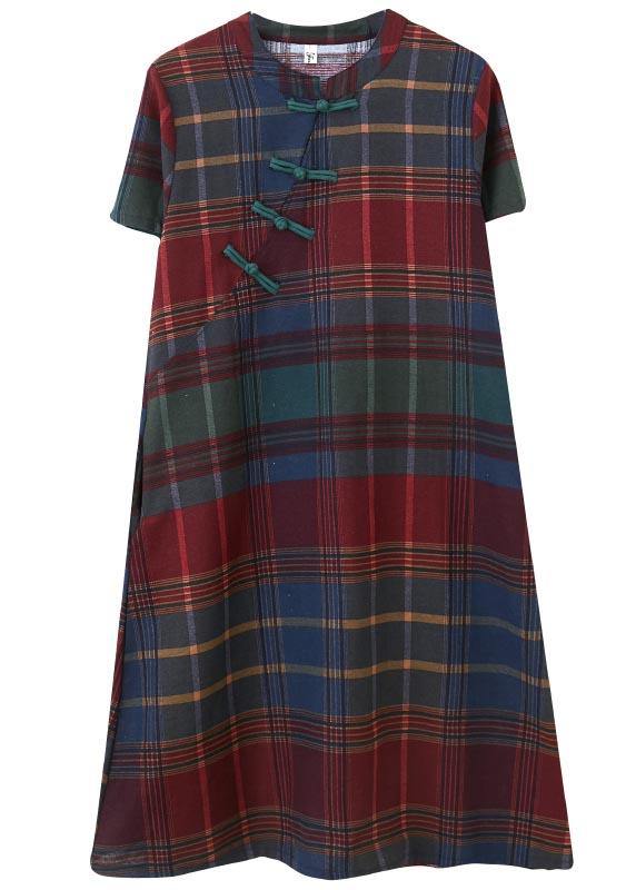 Fitted Plaid Oriental Cotton Linen Summer Dress - bagstylebliss