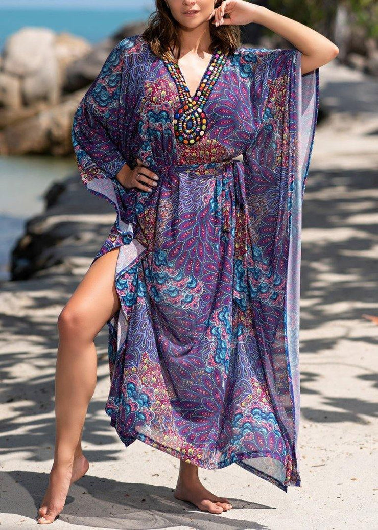 Fitted Purple Print V Neck Beach Gown Holiday Dress Summer - bagstylebliss