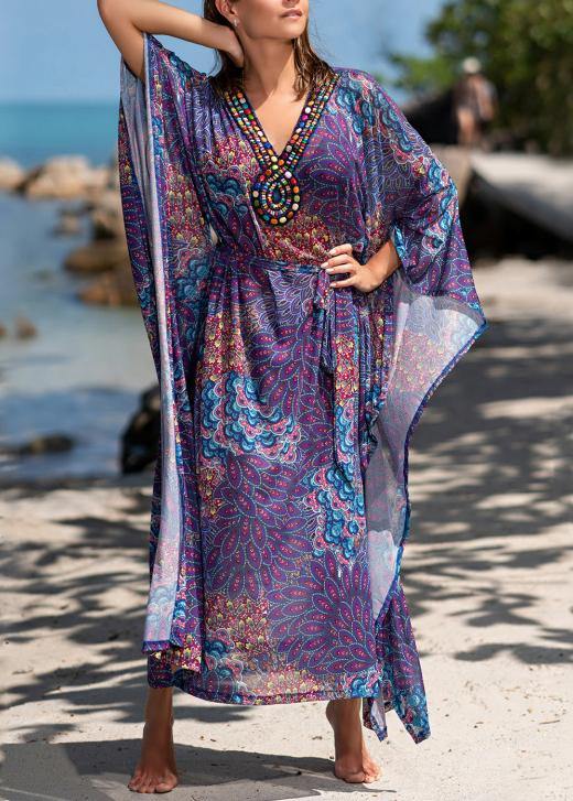 Fitted Purple Print V Neck Beach Gown Holiday Dress Summer - bagstylebliss