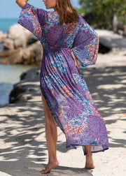 Fitted Purple Print V Neck Beach Gown Holiday Dress Summer - bagstylebliss