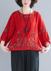 Fitted Red lantern sleeve Summer Cotton Linen Top - bagstylebliss