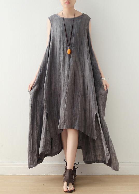 Fitted Sleeveless Linen Grey Side Open Summer Dress - bagstylebliss
