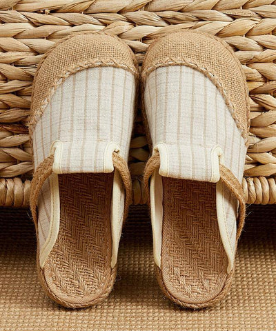 Fitted Slippers Shoes Beige Striped Cotton Linen Fabric - bagstylebliss