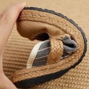 Fitted Slippers Shoes Beige Striped Cotton Linen Fabric - bagstylebliss
