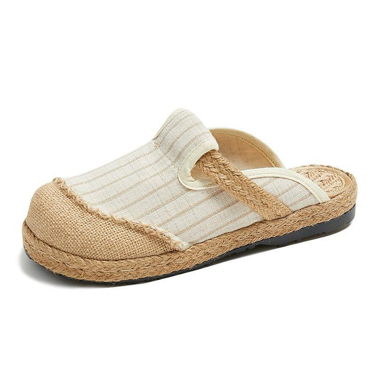 Fitted Slippers Shoes Beige Striped Cotton Linen Fabric - bagstylebliss