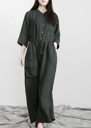 Fitted Tea Green Button Drawstring Fall Women Linen Jumpsuit Pants - bagstylebliss