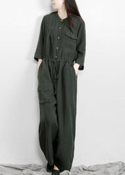 Fitted Tea Green Button Drawstring Fall Women Linen Jumpsuit Pants - bagstylebliss