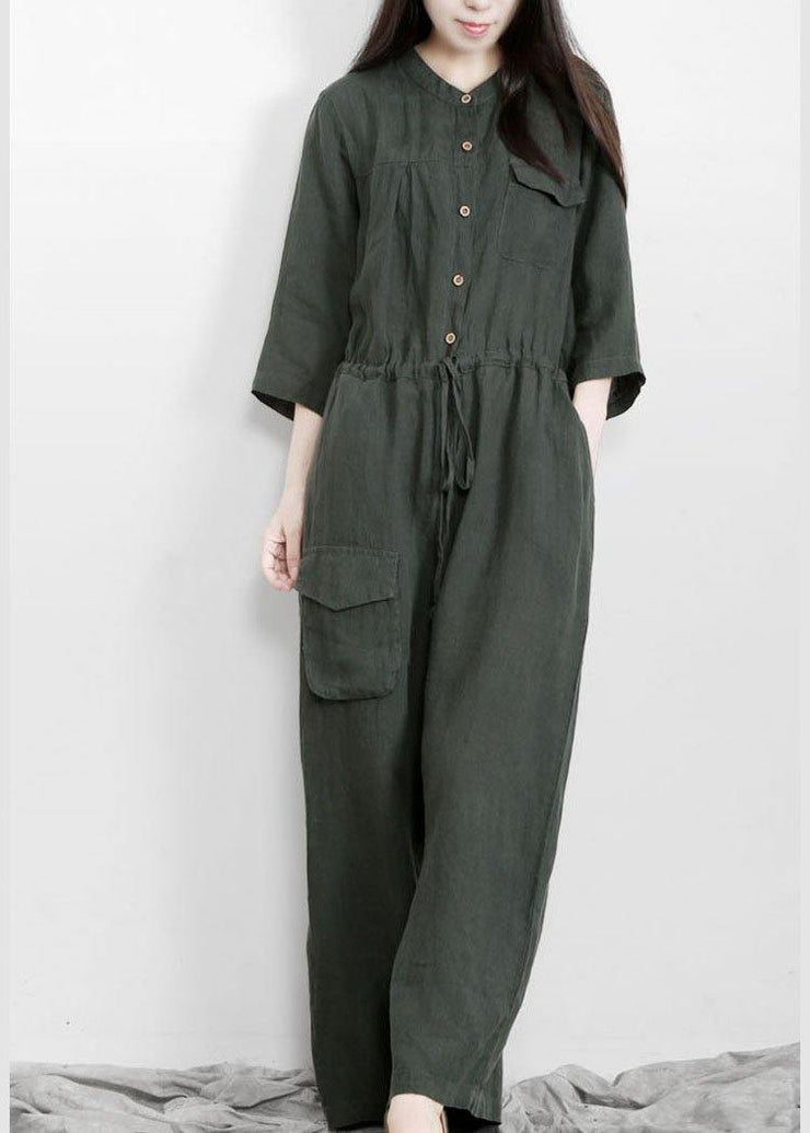 Fitted Tea Green Button Drawstring Fall Women Linen Jumpsuit Pants - bagstylebliss