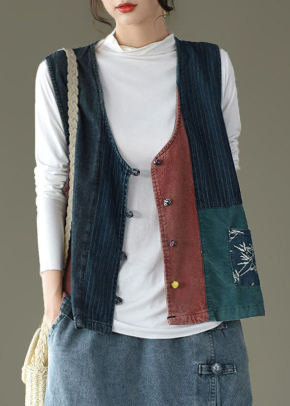 Taillierter V-Ausschnitt Button Patchwork Denim Tanks ärmellos