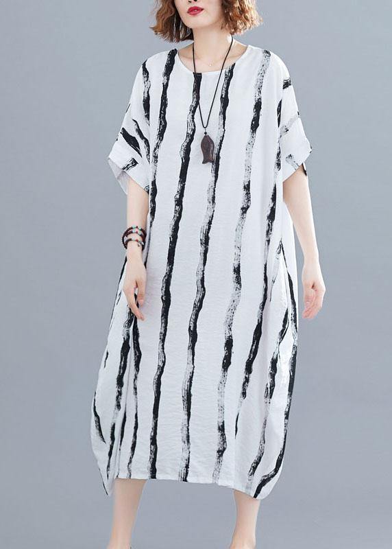 Fitted White O-Neck Striped Summer Robe Dresses - bagstylebliss