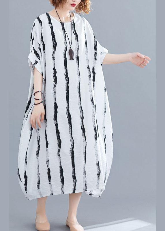 Fitted White O-Neck Striped Summer Robe Dresses - bagstylebliss