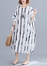 Fitted White O-Neck Striped Summer Robe Dresses - bagstylebliss