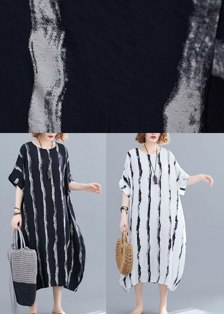 Fitted White O-Neck Striped Summer Robe Dresses - bagstylebliss