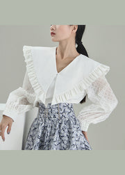 Fitted White Ruffled Patchwork Cotton Blouse Top Spring
